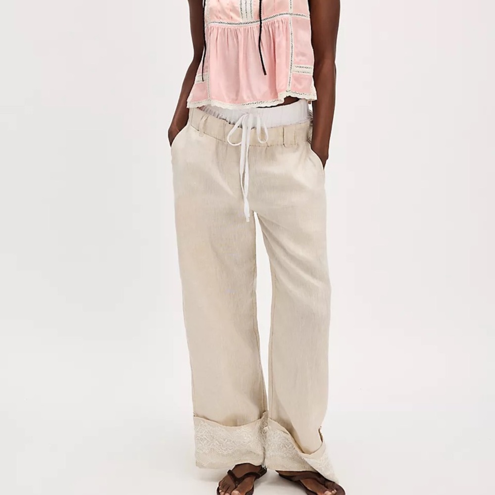 Free People  Line Pants Kettel Lili Linen Double Waistband Beige Lace Cuffs